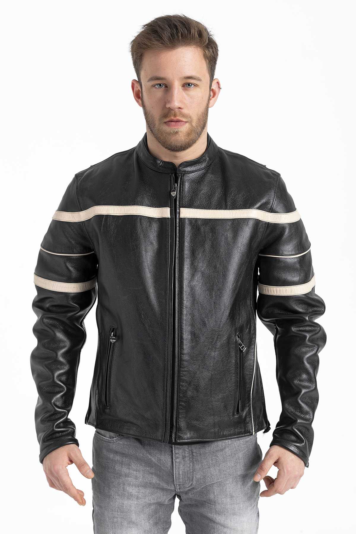 HD-0018 -- Erkek Deri Ceket Beyazlı