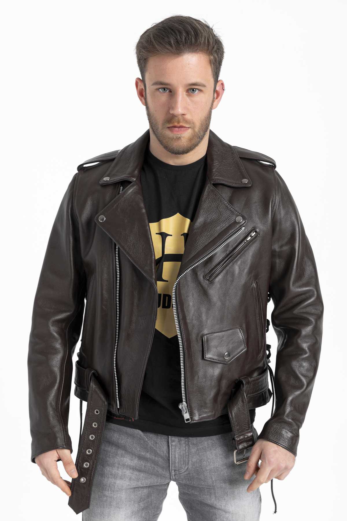 HD-0025 -- Erkek Deri Ceket Kusuka Kemerli / Bordo - Görsel 3