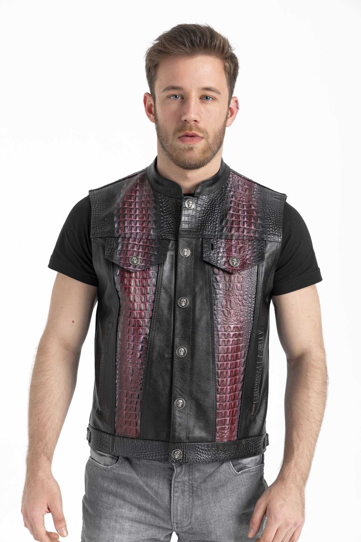HD-0069 -- Erkek Deri Yelek Texas Timsah Bordo