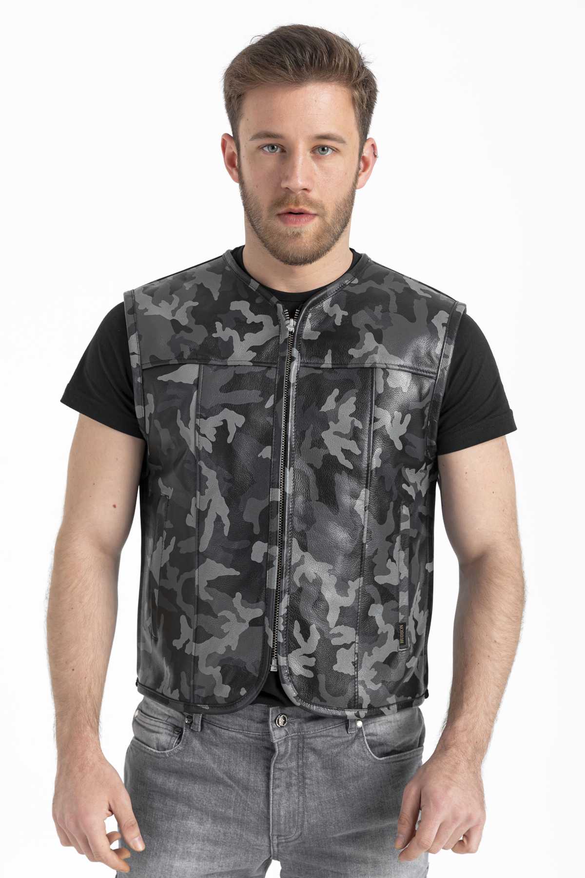 HD-0073 -- Erkek Deri Yelek Kaşkar Kamuflaj